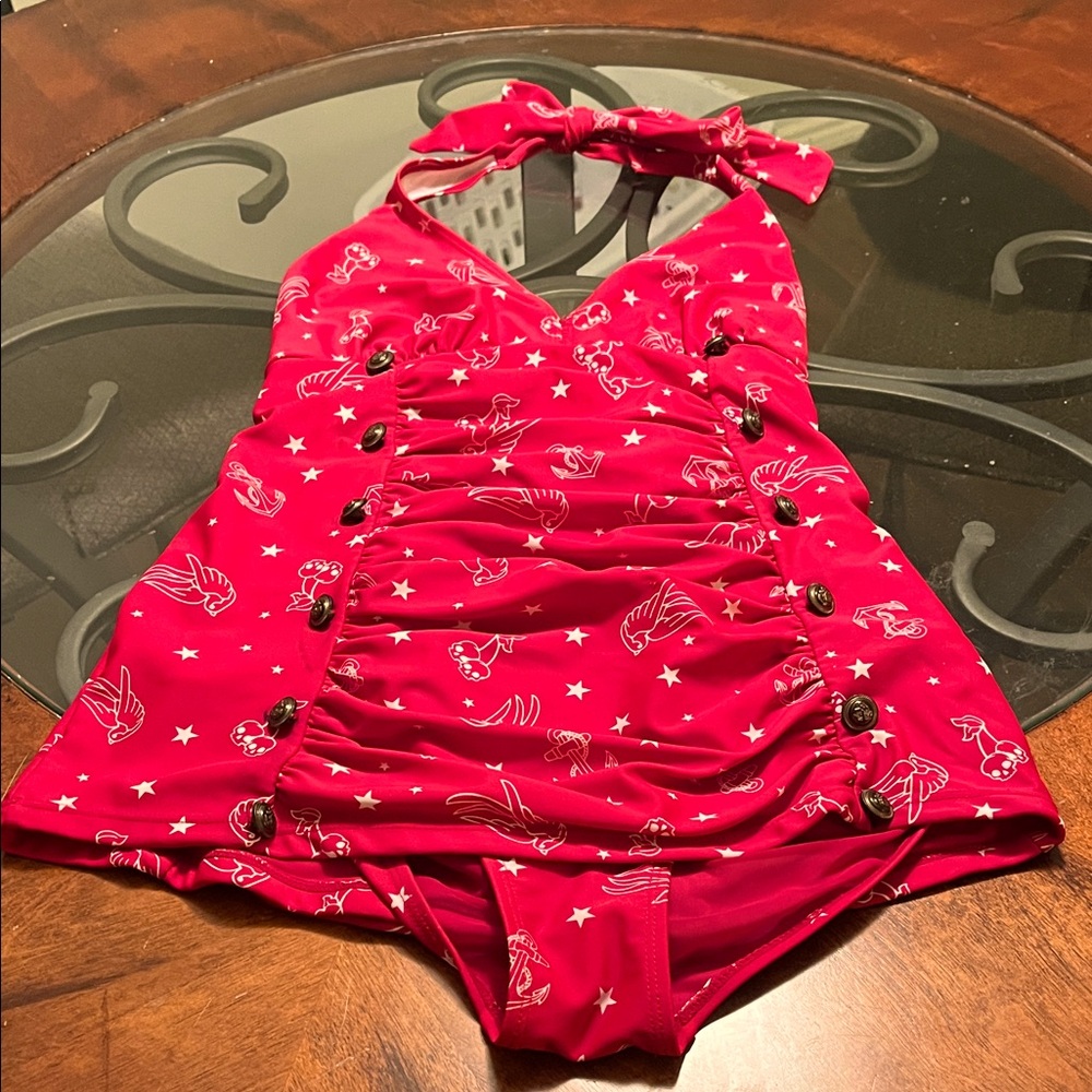 Hot Topic retro ruched red Sailor Jerry swimsuit. Sz M